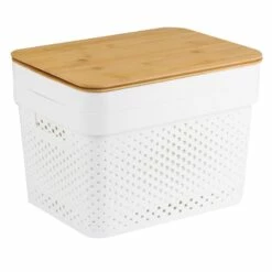 2-Pack White Plastic Storage Bin With Bamboo Lid, Large