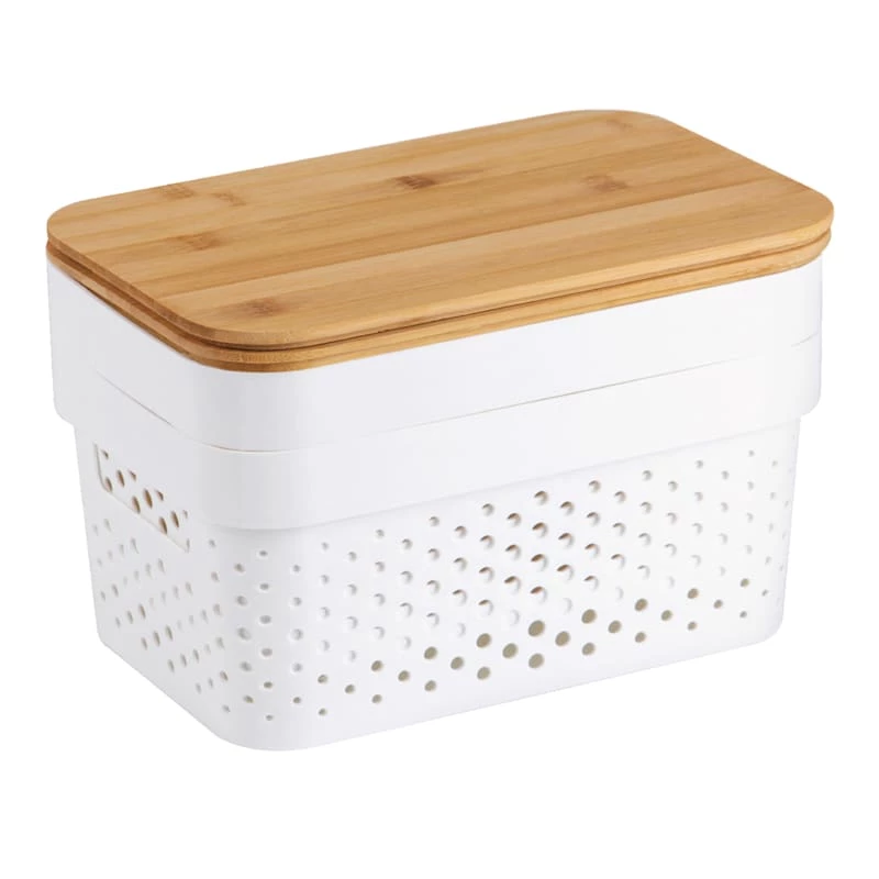 2-Pack White Plastic Storage Bin With Bamboo Lid, Small 1 2-Pack White Plastic Storage Bin With Bamboo Lid, Small