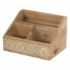 3-Compartment Carved Brown Wood Office Desk Organizer