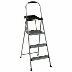 3-Step Grey Metal Step Ladder With Tray