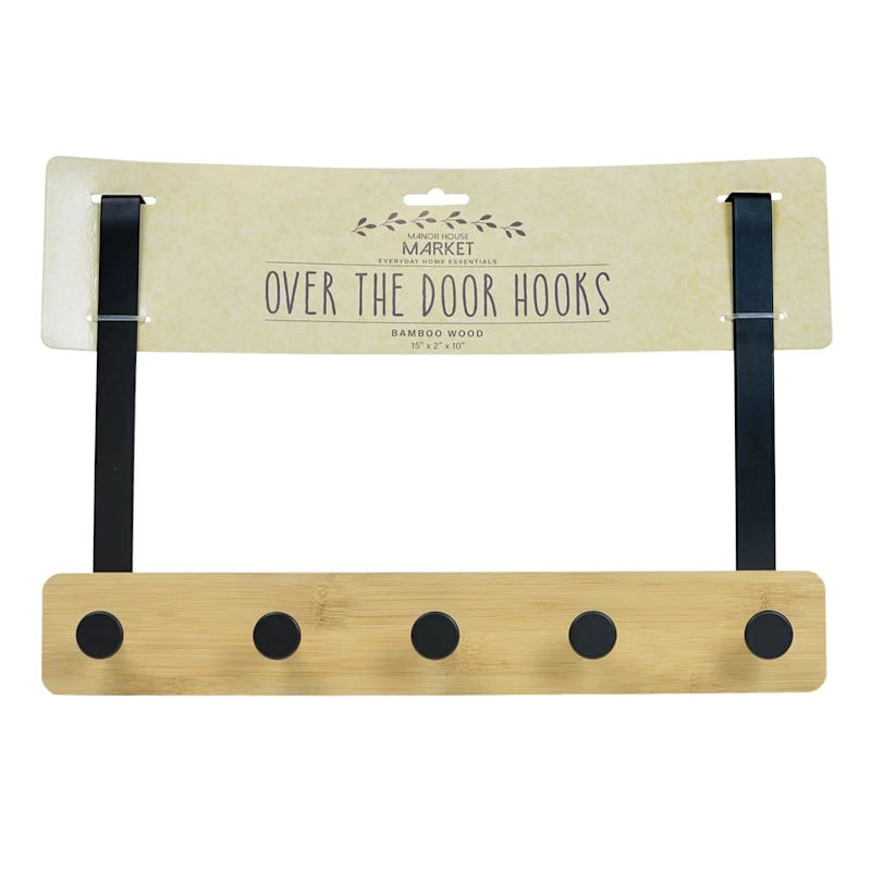 5-Hook Black Metal With Bamboo Wood Over The Door Hanger 1 5-Hook Black Metal With Bamboo Wood Over The Door Hanger