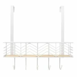 5-Hook White Chevron Bombay Diamond With Bamboo Wooden Basket Over The Door Hanger