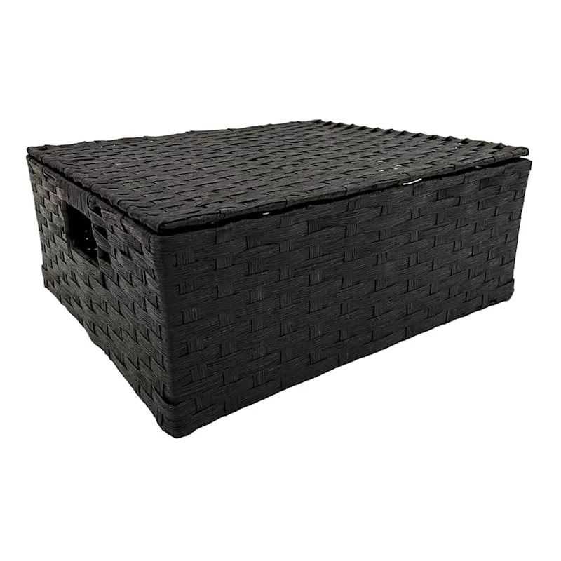 Black Paper Rope Rectangle Storage Basket With Lid, Medium 1 Black Paper Rope Rectangle Storage Basket With Lid, Medium