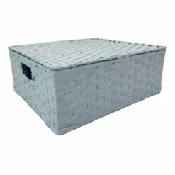 Blue Paper Rope Rectangle Storage Basket With Lid, Large
