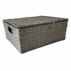 Dark Grey Paper Rope Storage Basket With Lid, Large