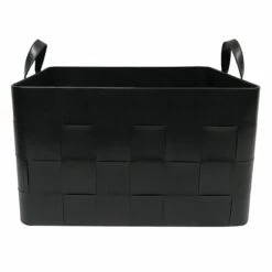 Faux Leather Rectangle Black Woven Basket Large