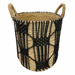 Found & Fable Round Abaca With Black Macrame Storage Basket, Large