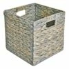 Grey Arrow Weave Water Hyacinth Storage Basket With Cutout Handles, 10.5"