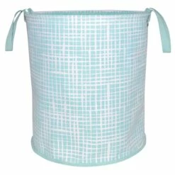 Grid Print Round Canvas Laundry Hamper, Teal