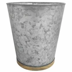Light Grey Galvanized Metal With Wooden Accent Wastebasket, 10"