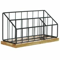 Matte Black Wire & Bamboo Wood Desk Organizer