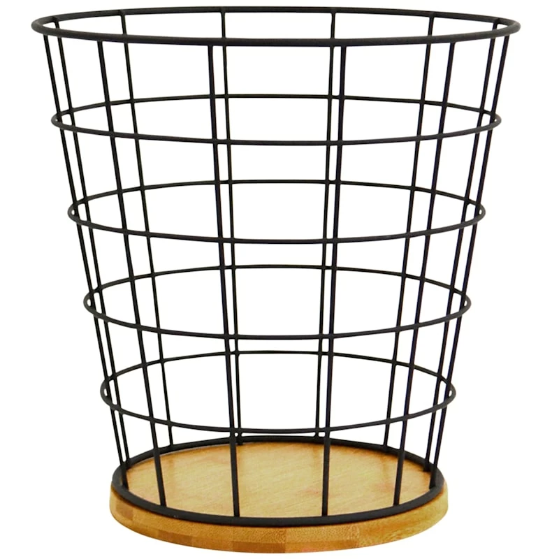 Matte Black Wire & Bamboo Wood Tapered Waste Bin, 10.3" 1 Matte Black Wire & Bamboo Wood Tapered Waste Bin, 10.3"