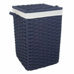 Navy Blue Square Laundry Floor Standing Hamper With Ivory Liner, Extra Large