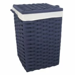 Navy Blue Square Laundry Floor Standing Hamper With Ivory Liner, Large