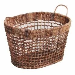 Oval Dark Wicker Storage Basket With Copper Handle S