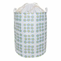 Round Collapsible Canvas Laundry Hamper With Drawstring Liner, Daisy Print
