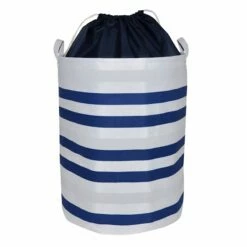 Round Collapsible Canvas Laundry Hamper With Drawstring Liner, Navy Blue