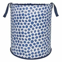 Round Collapsible Laundry Hamper With Handles, Blue Dots