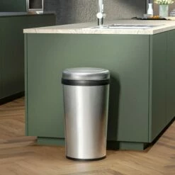Round Stainless Steel Swing-Top Trash Bin, 45l -comprehensive Shop round stainless steel swing top trash bin 45l 3