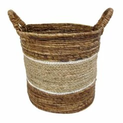 Round Striped Braided Banana Leaf Storage Basket, Large
