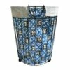 Round Wire Laundry Hamper On Wheels With Removable Liner, Blue Tile