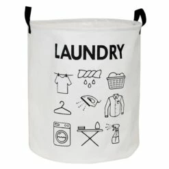 Soho White Round Laundry Hamper With Icons, Large