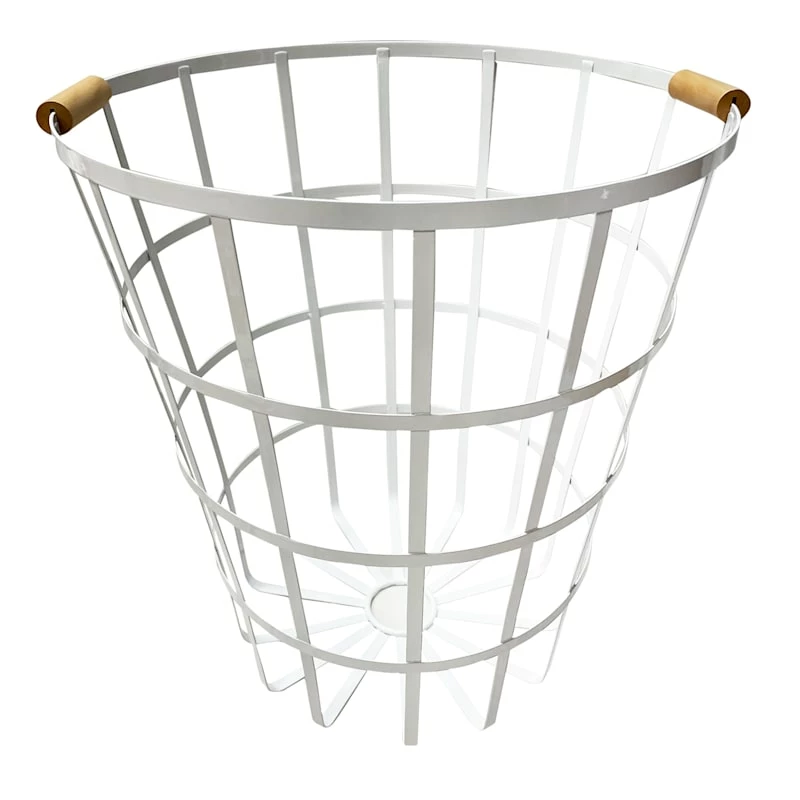 White Metal Basket With Wood Handle 1 White Metal Basket With Wood Handle