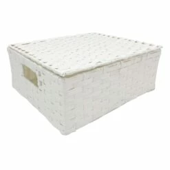 White Paper Rope Rectangle Basket With Lid, Medium