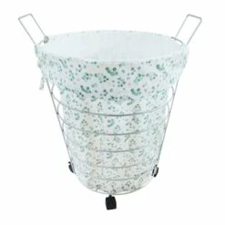 White Wire Laundry Hamper On Wheels With Removable Floral Print Liner